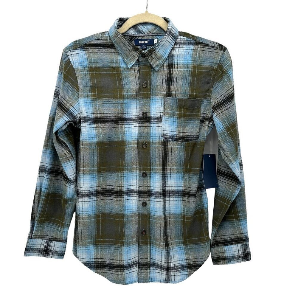 NWT Univibe Flannel Plaid Blue Green Button Shirt Boys Large
